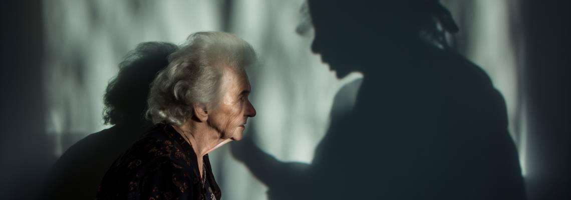 Scared old women with shadow figure showing aggression