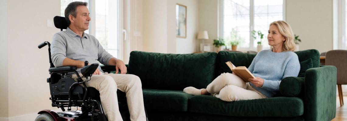 Man in wheelchair with his wife in sofa
