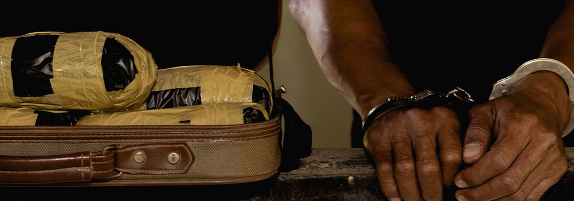 Arrested man on handcuffs besides drugs pouches