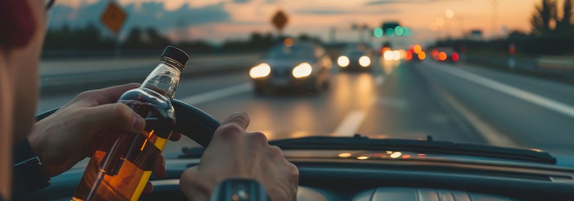 Driver holding open whiskey bottle while driving