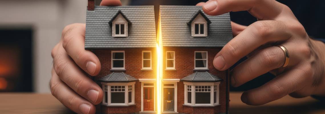 Women dividing house model into equal parts