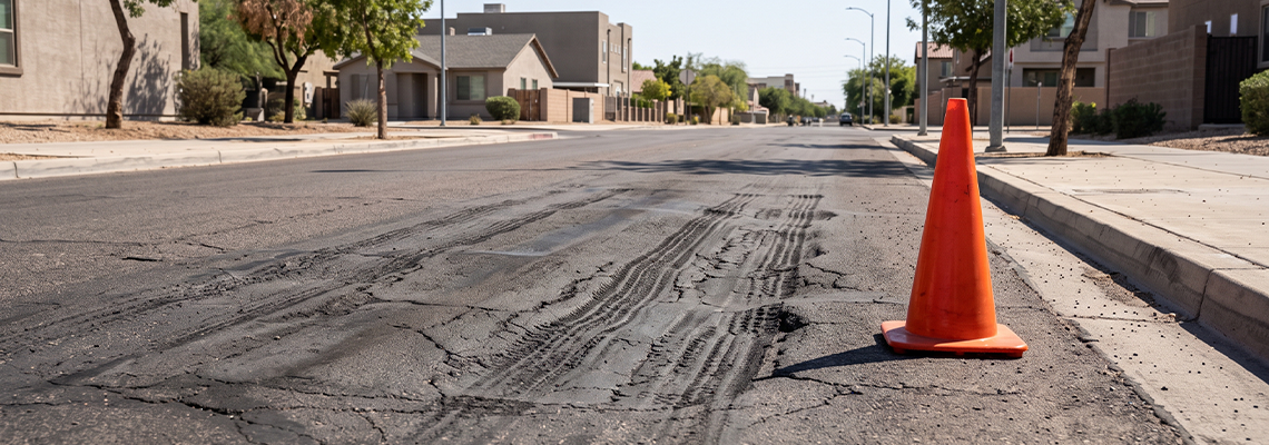Damaged asphalt road with traffic cone during extreme summer heat