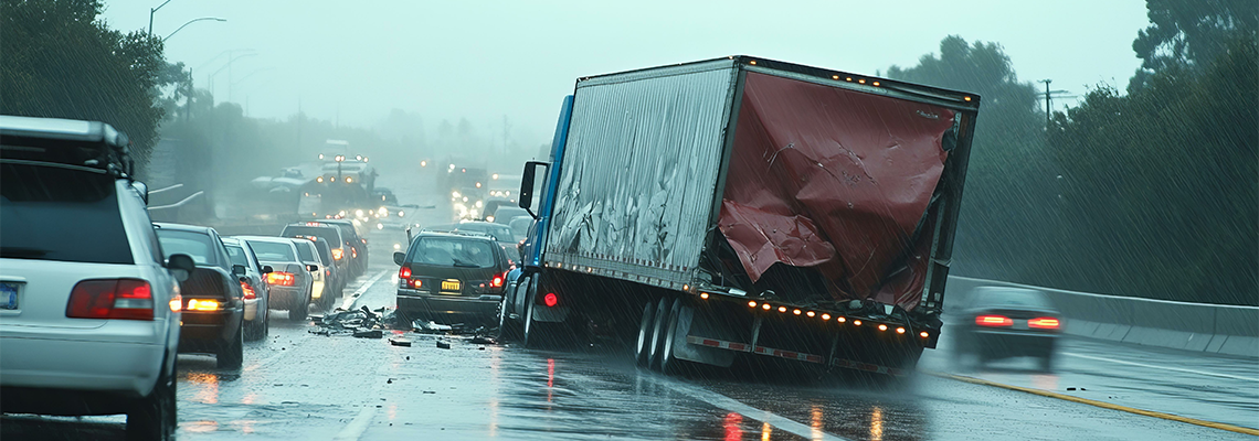 A semi-trailer truck crashed on a wet freeway
