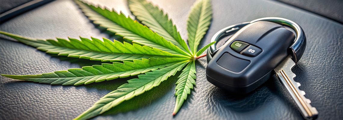 Cannabis leaf and Car keys on car dashboard