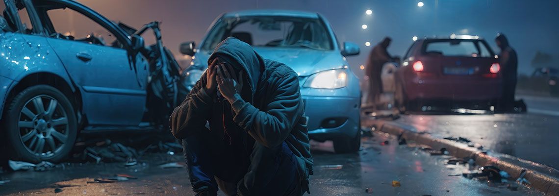 Drunk person sitting on road after accident