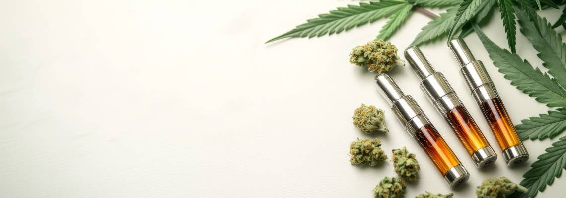 Close-up of cannabis leaves, vape cartridges, and buds