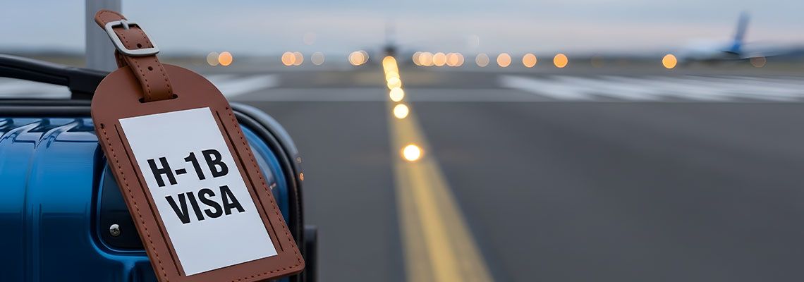 H-1B Visa tag in suitcase at Airport runway