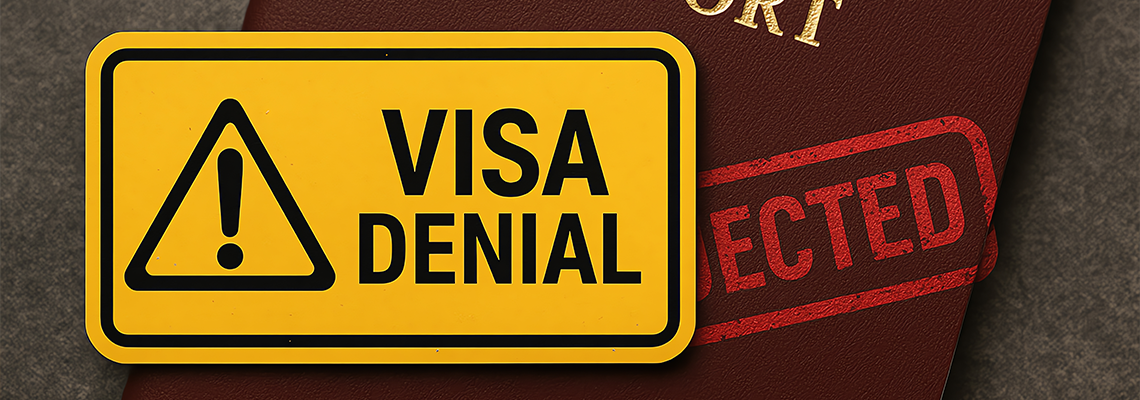 A close-up of a passport marked with a visa denial sign