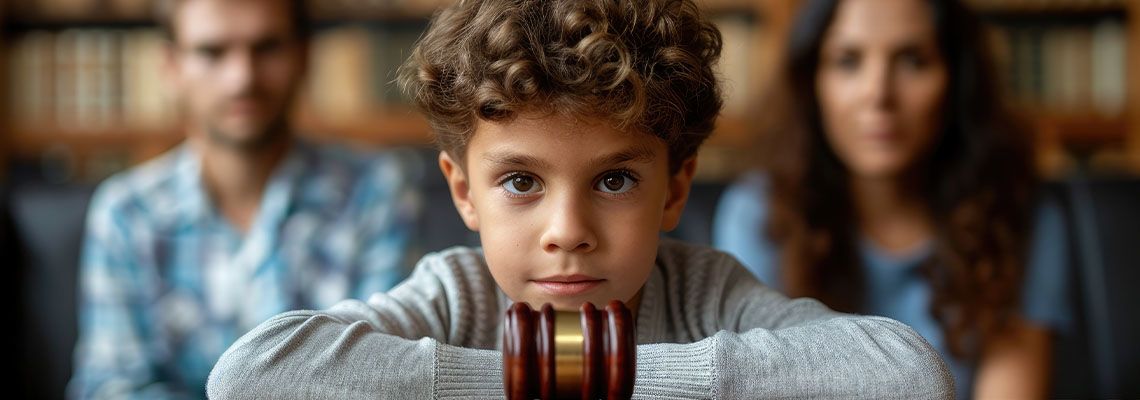 Child and gavel with blurred parents in background