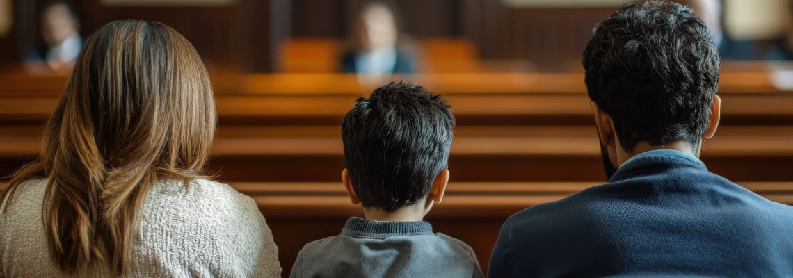 Divorced couple with child in courtroom waiting custody decision