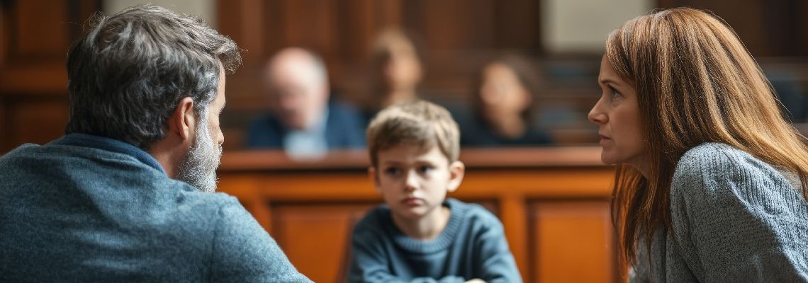Divorced parents with child at courtroom fighting for custody