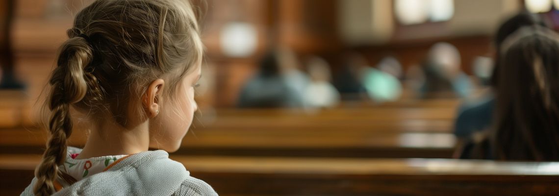 Child waiting for custody decision in courtroom
