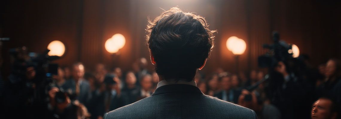 Man facing panel of judges in courtroom
