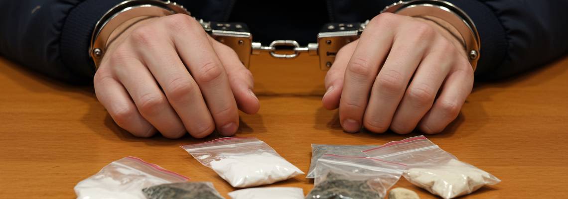 Handcuffed Suspect and Illicit Drugs Displayed on Wooden Table