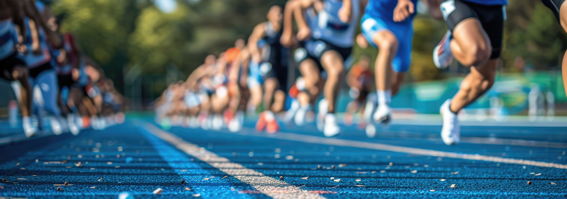 A varied group of college students sprinting and jogging on a track