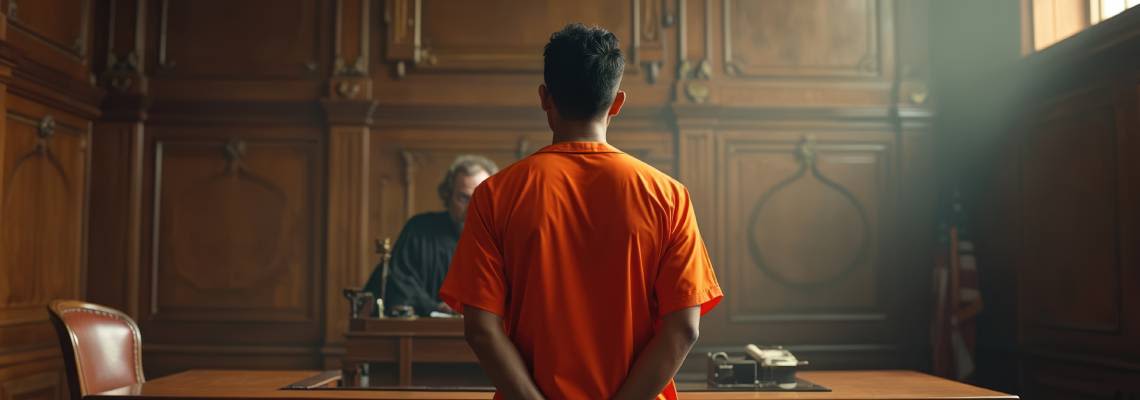 Man in orange jumpsuit stands Infront of Judge in courtroom