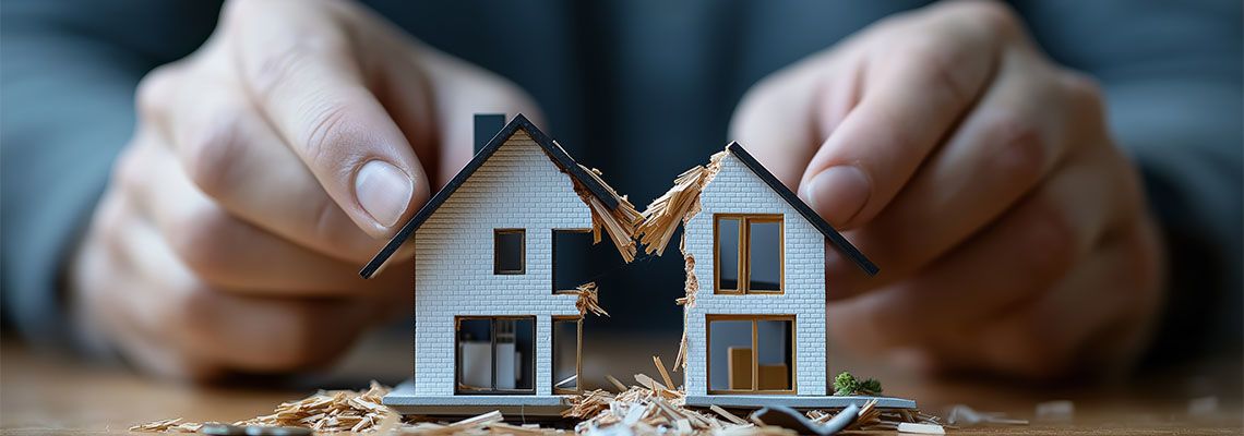 Hands splitting miniature house model symbolizing asset division