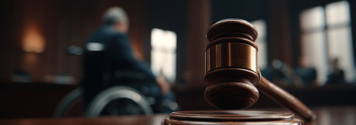 Gavel on table with man in wheelchair in courtroom