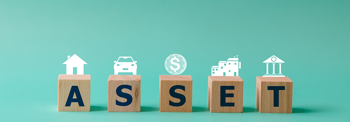Wooden cubes with assets icon on background