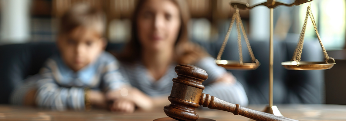 Cute child and mother at table with gavel of judge blurred in background