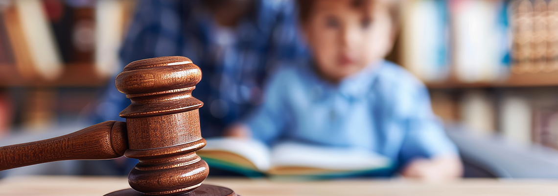 Legal judge s gavel close up with blurred child in background