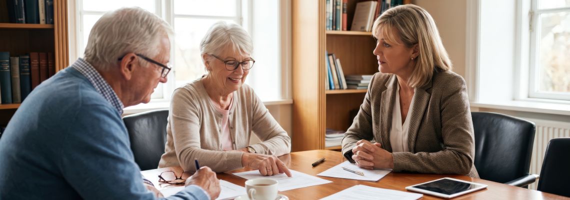 Senior couple consulting with attorney