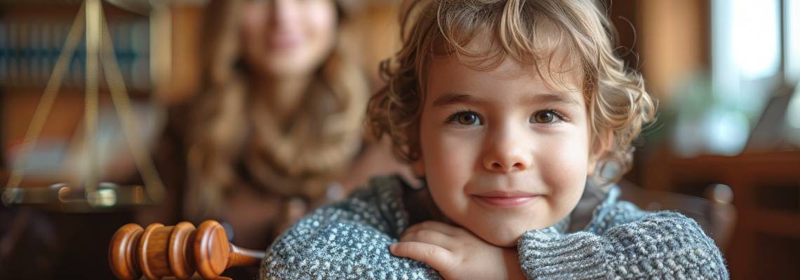 Cute child and mother at table with gavel