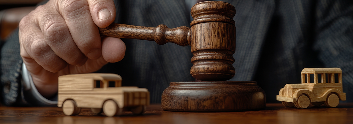 Close-up of a judge holding a gavel near two wooden toy cars