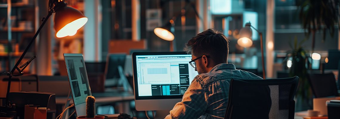 Man working till late night in office