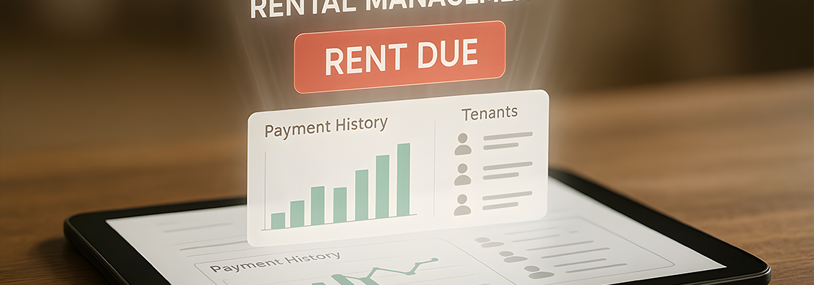 A digital tablet displaying 'Rental Management' and 'Rent Due'