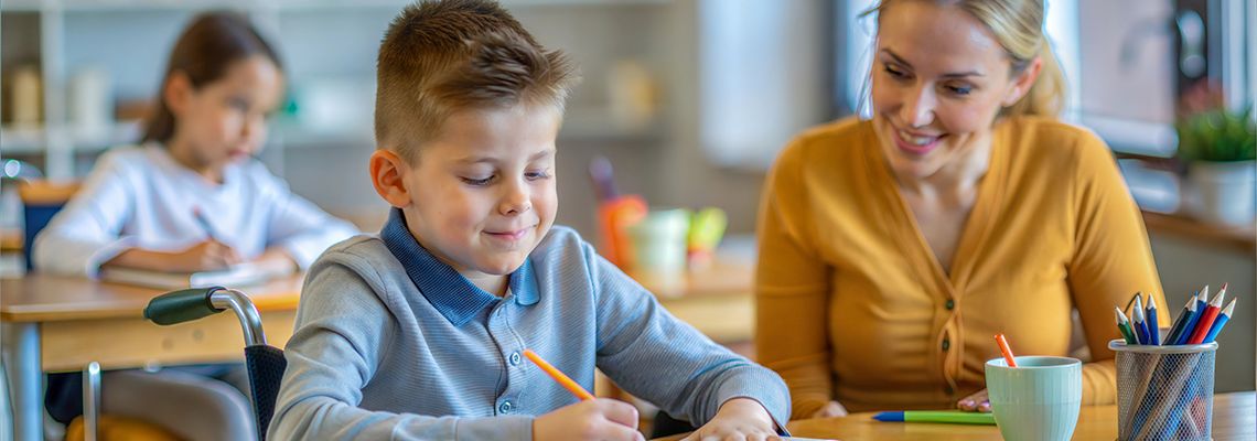 Disabled child with teacher in classroom