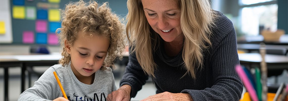 Educator guiding special need student in personalized reading session