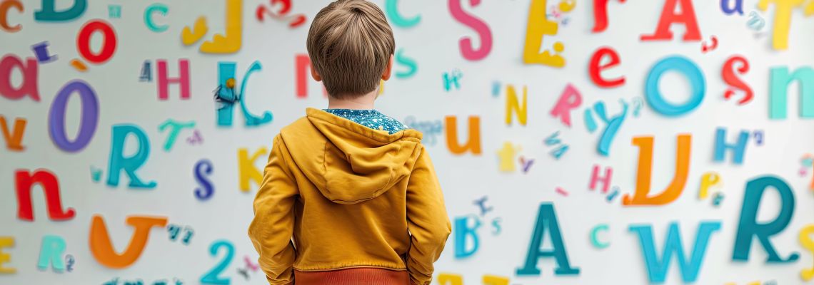 Child standing in front of a whiteboard with many letters