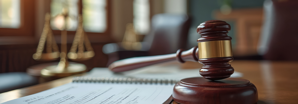 Gavel with document, scales justice on desk in courtroom