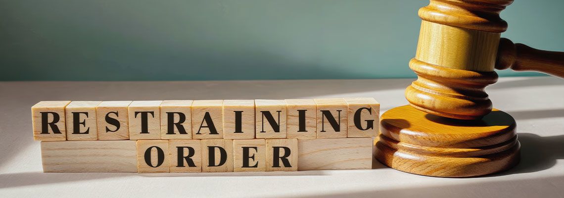 Restraining Order written in wooden blocks with gavel on table