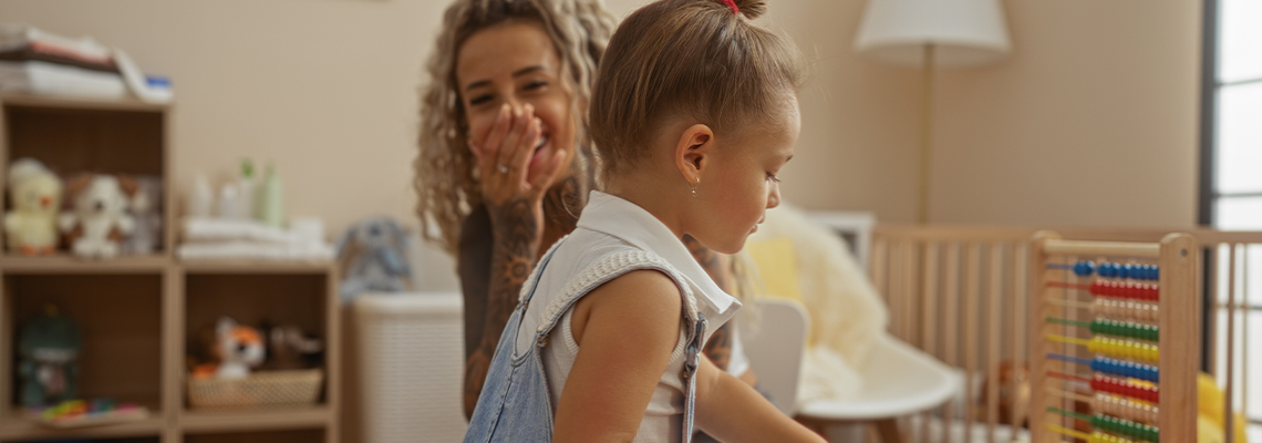Mother and daughter playing together in a kindergarten room filled with toys