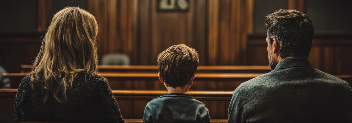 Child sits between two parents, who face each other with concern