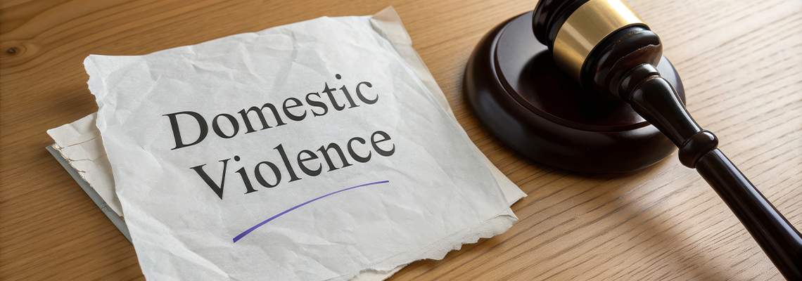 A gavel beside a crumpled paper labeled "Domestic Violence,"