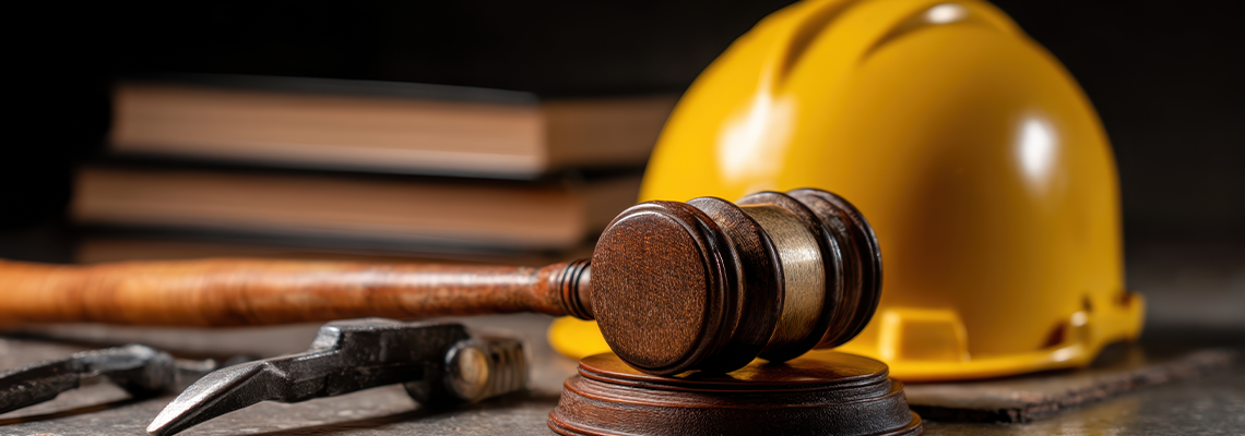Gavel rests on wooden block beside yellow hard hat and pliers