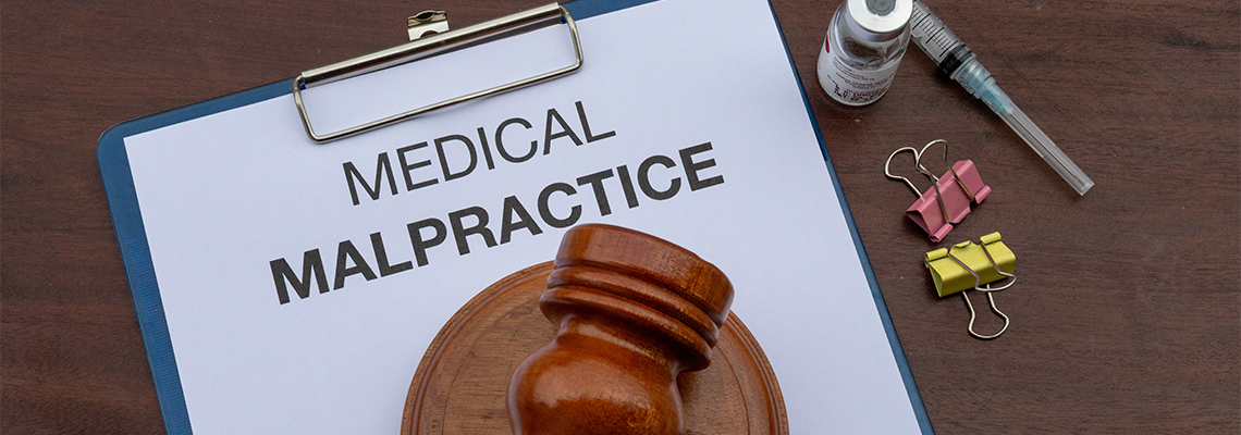 A legal document on medical malpractice is placed in a clipboard with gavel
