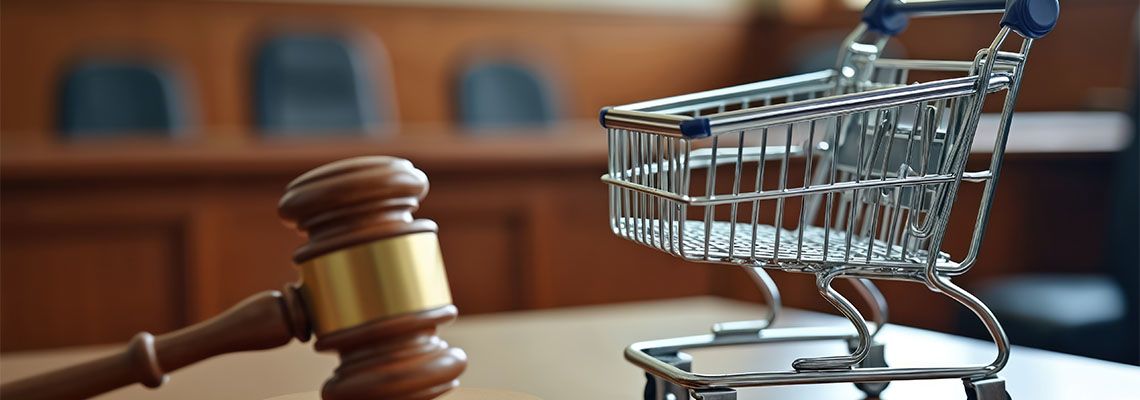 Shopping cart model and gavel in courtroom