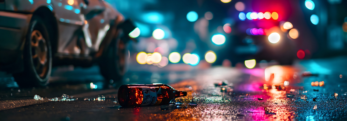 Glass bottles of alcohol drinks on the road, police car with lights