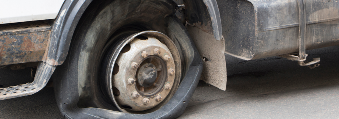 Flat tire of an old fragment of a rusty broken truck