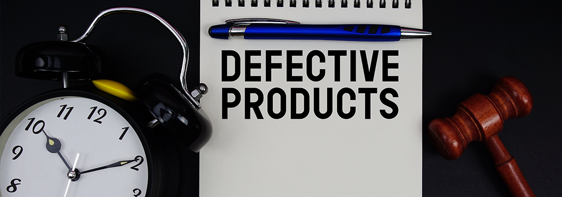 Defective Products text written on notepad with gavel and alarm clock