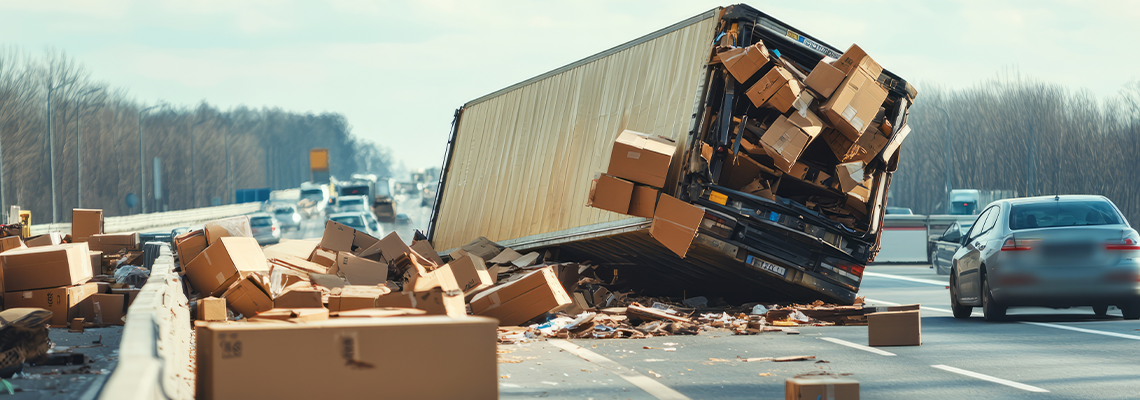 A large truck tipped over, spilling cargo across the busy highway