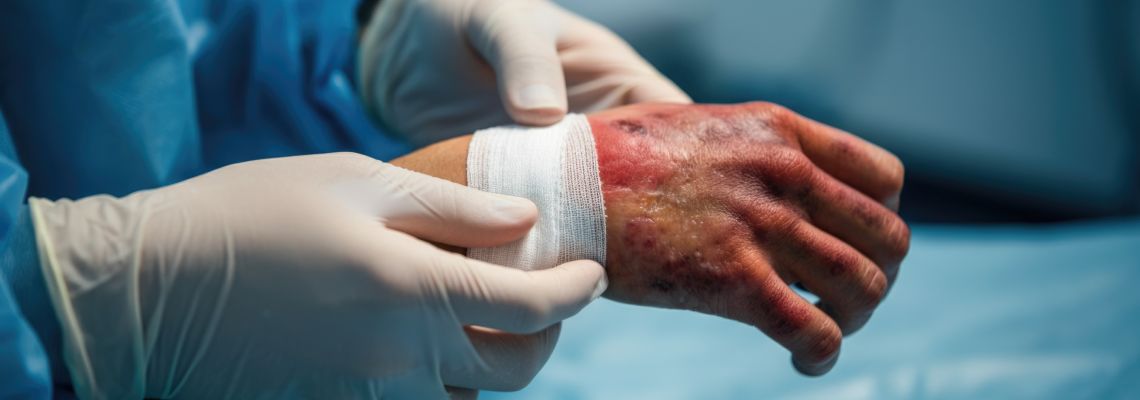 Medical professional bandaging burnt hand