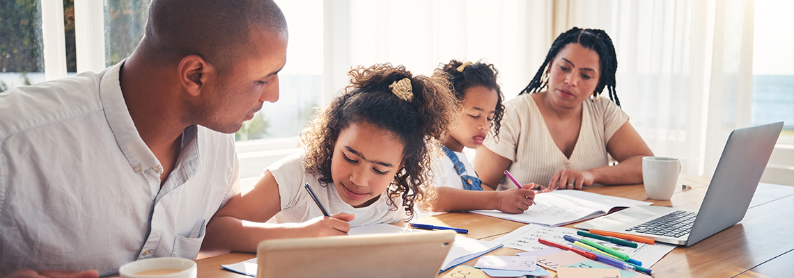 Family, children and writing, online education or e learning at home on tablet