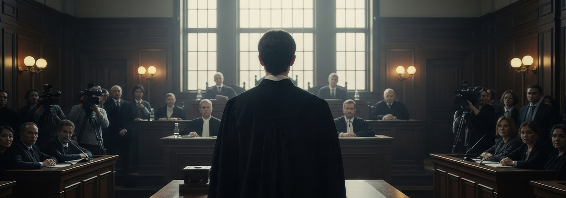 A lawyer in a robe stands before a panel of judges