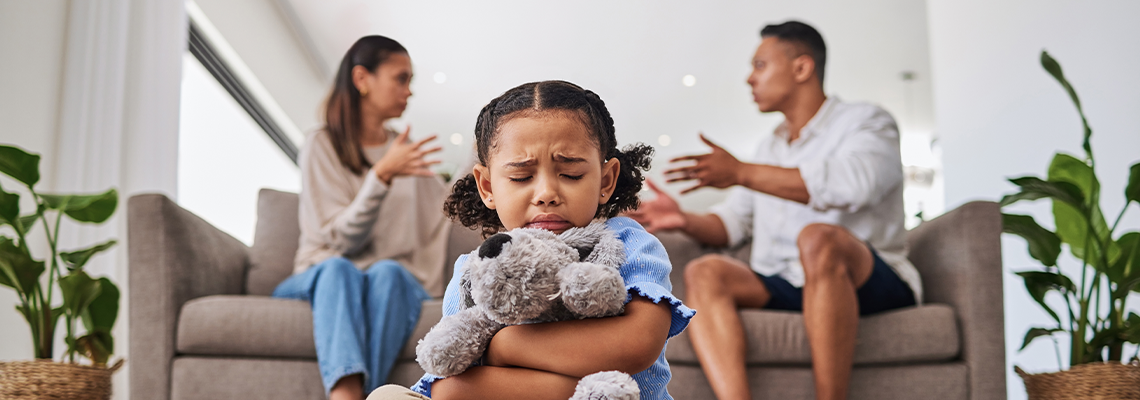 Parents, fighting and sad girl in living room with teddy bear for support or comfort
