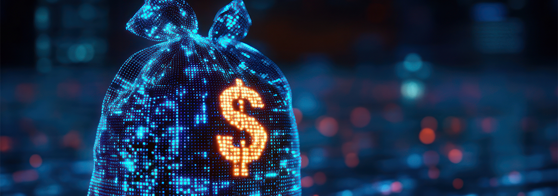 Digital blue money bag with dollar icon